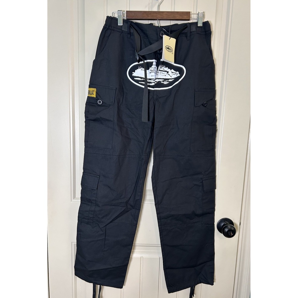 Corteiz Rules The World RTW Guerillaz Cargo Pants M Black Graphic Adjustable NWT